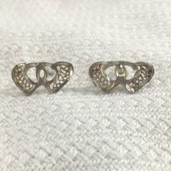 Silver Double Heart Post Earrings Vintage FAS/Sterling Bundle Only - Picture 1 of 6
